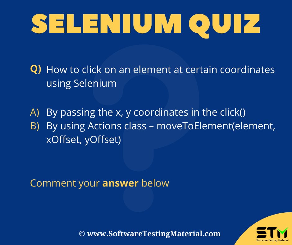 STMWebsite's tweet photo. Selenium Quiz! - Please comment your answer - Software Testing Material
.
.
.
.
#SeleniumQuiz #Selenium #SoftwareTesting #AutomationTesting #ManualTesting #SoftwareTesters #SoftwareTestingMaterial #automationtesters https://t.co/GaAcPEJYYx