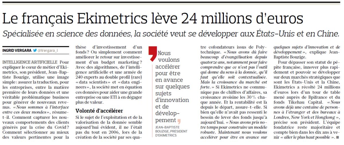 Article du <a href="/Le_Figaro/">Le Figaro</a> paru ce matin dans la presse écrite ! 
<a href="/ekimetrics/">Ekimetrics.</a> <a href="/Bpifrance/">Bpifrance</a>
<a href="/TikehauIM/">Tikehau Capital</a>
Pour plus d'informations sur les objectifs de cette levée de fonds : bit.ly/3mtdbbF

#DataScience #DataScienceForBusiness #Fundraising