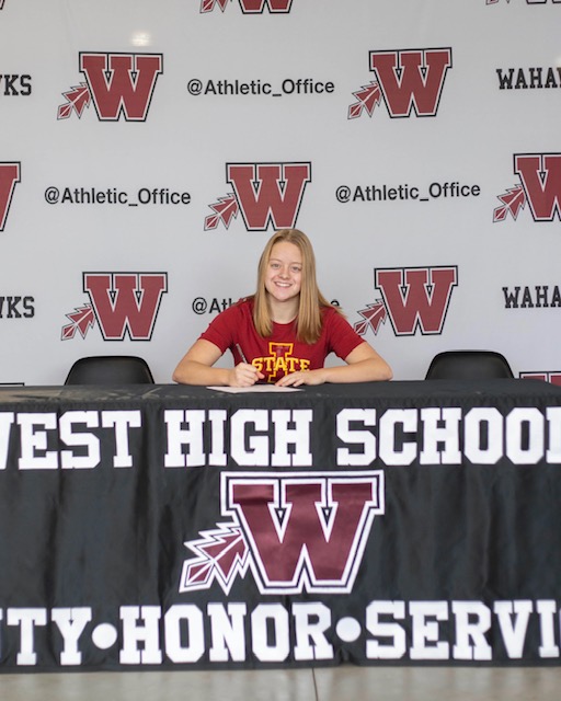 WaterlooSchools's tweet photo. Carley Caughron, West High, signed her letter of intent to swim for Iowa State University. She was voted First Team All-State 3 times, is a 4-time All-Mississippi Valley selection, was the MVC champion in the 50 free &amp; 100 fly and was named the 2020 Regional Swimmer of the Year. https://t.co/1t7EywJIpl