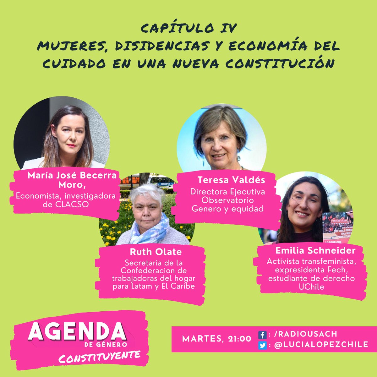 Hoy a las 21 hrs estaremos con las sequísimas <a href="/TeresaValdesE/">Teresa Valdés #NadaSinNosotras</a>, María José Becerra, <a href="/RuthOlateMoreno/">Ruth Olate Moreno</a> y <a href="/lucialopezchile/">Lucía López</a> en un nuevo capítulo de <a href="/AgendaGenero/">Agenda De Género</a> conversando sobre mujeres, población LGBTIQ+ y economía de los cuidados en la nueva Constitución. No se lo pierda!