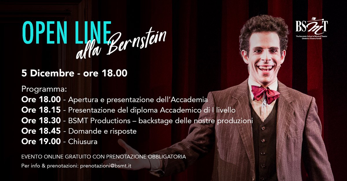 Ultimi giorni per iscriversi all'evento online GRATUITO e avere l'opportunità di entrare in collegamento diretto con la Direttrice e Fondatrice dell’Accademia, Shawna Farrell e con i membri dello staff di direzione!
#bsmt #openline #performingarts #musicaltheater #bologna #laurea