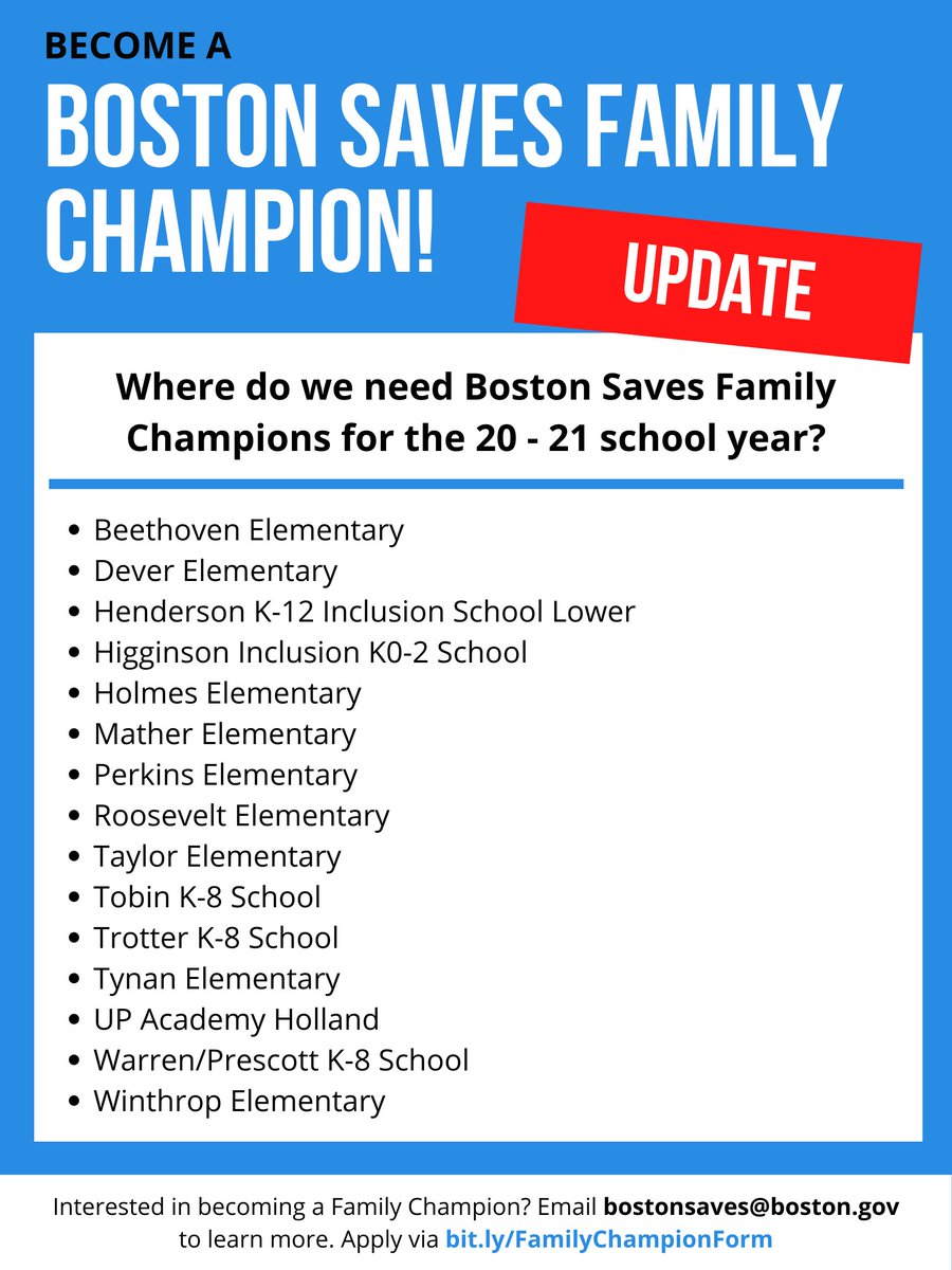 UPDATE: Check out the Boston Public Schools that still need Family Champions for Boston Saves! If you're interested in becoming a Family Champion, email bostonsaves@boston.gov and apply at https://t.co/PhKyECl3CH. #boston #bostonsaves https://t.co/w6kTMhRwQh