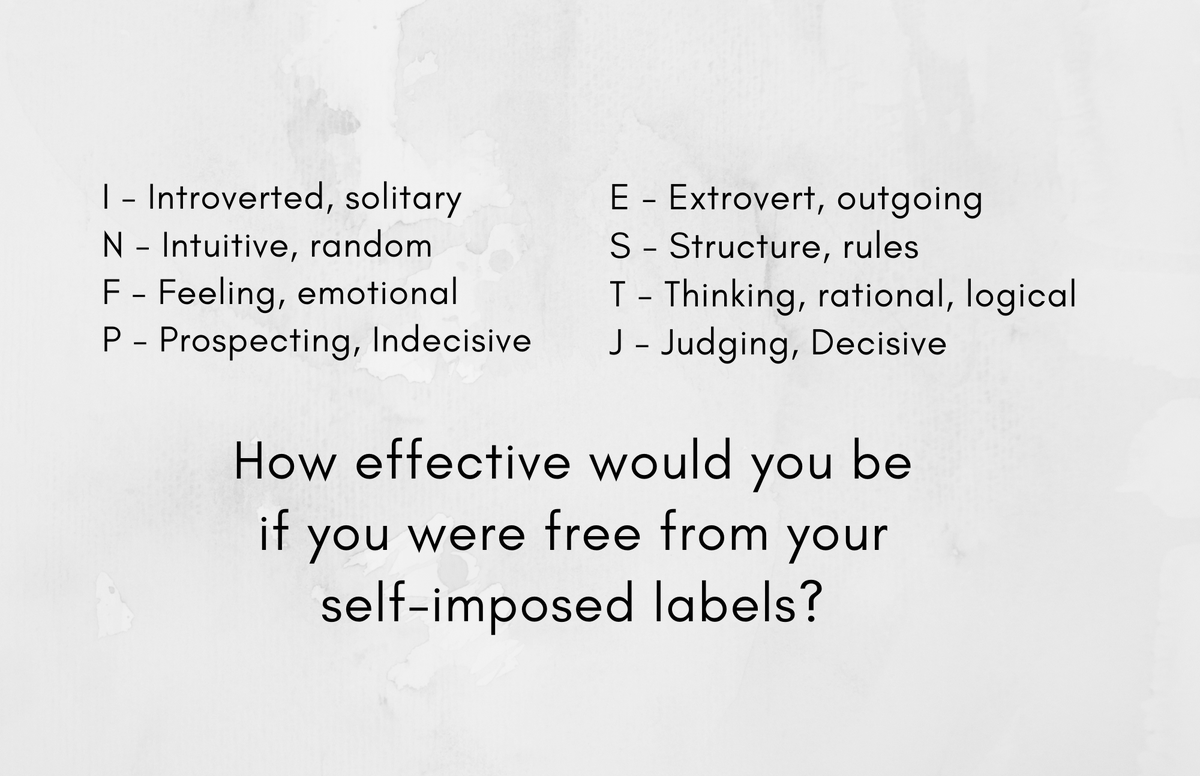 You've become married to these beliefs.Take each of your letters and reflect on the opposite.Prove me wrong:If you were less like your preferences, you would take a massive leap toward your goal.Really. Think about it.For example, let's look at an INTJ...