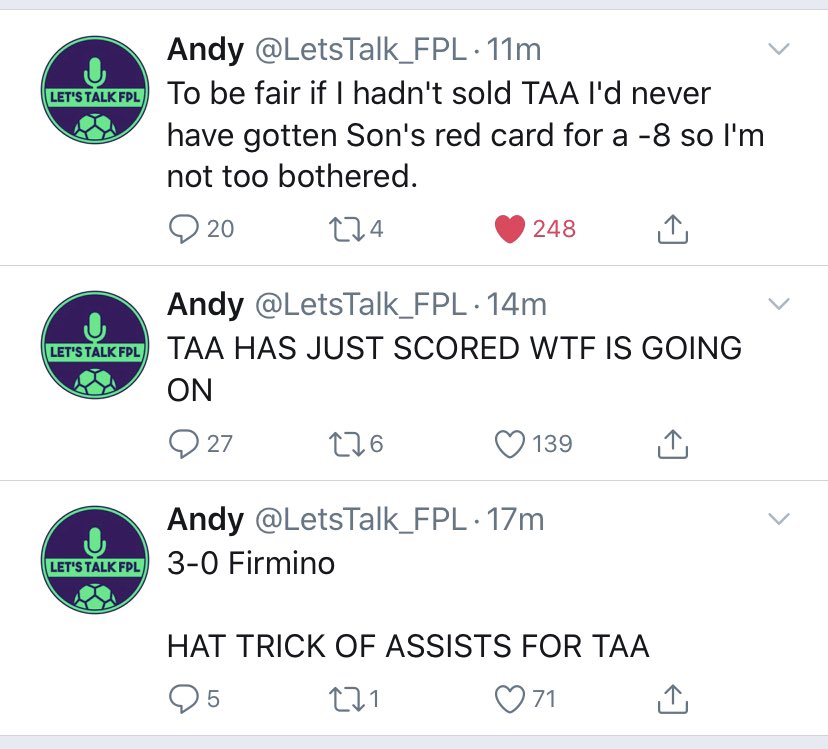 2)  @LetsTalk_FPL selling TAA before his monster 24 point haul on Boxing Day/GW19 against Leicester last season In case you want to reminisce...  https://bit.ly/36t3KDH&nbsp;