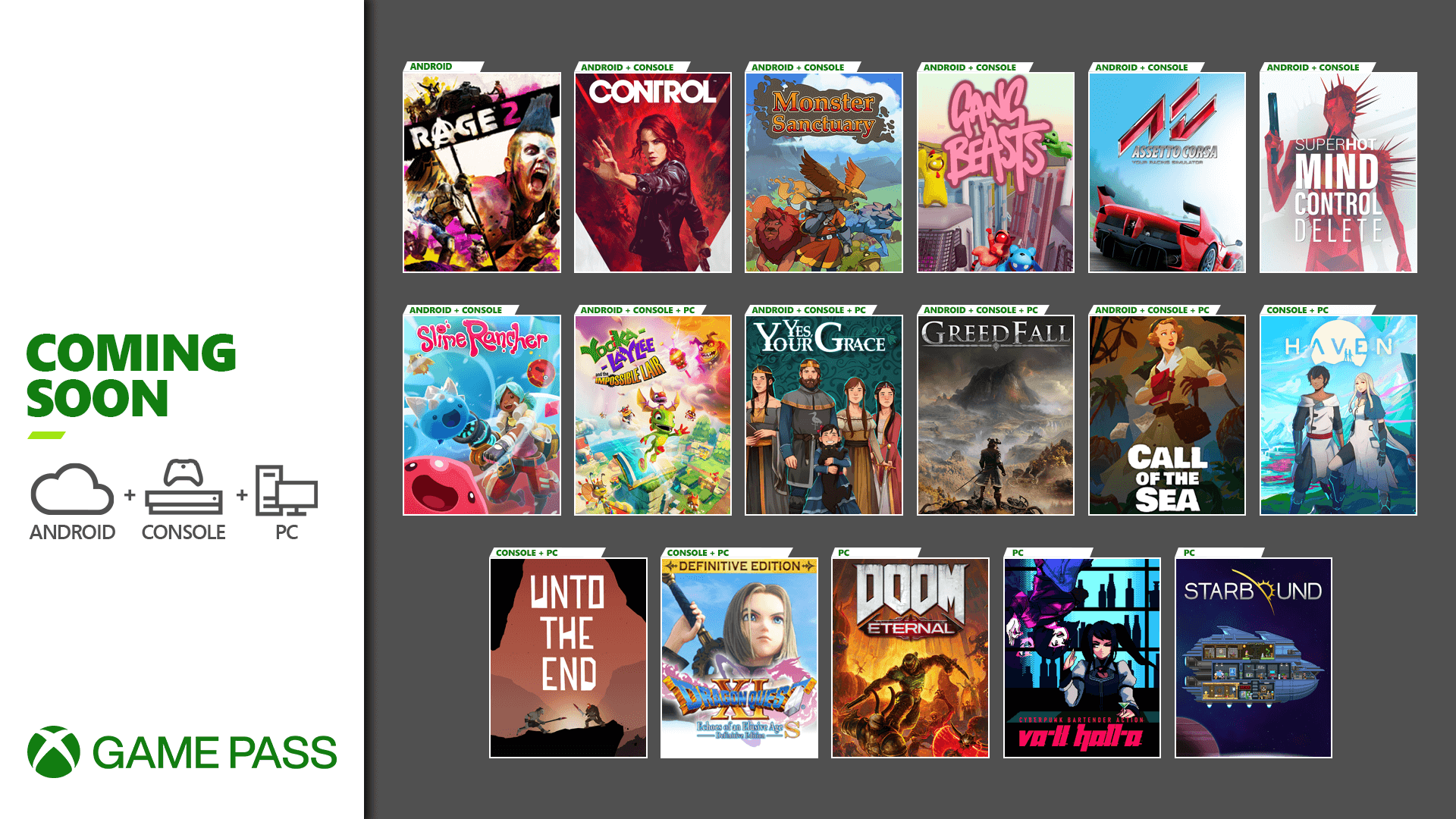 Gang Beats, Superhot: Mind Control Delete, Haven, Yes Your Grace, Starbound, Call of the Sea, Slime Rancher, Unto the End, Va-11 Hall-A, Dragon Quest XI S, GreedFall, Rage 2, DOOM Eternal, Monster Sanctuary, Yooka-Laylee and the Impossible Lair, Control, and Assetto Corsa are coming soon. Photo reads: COMING SOON. XBOX GAME PASS.