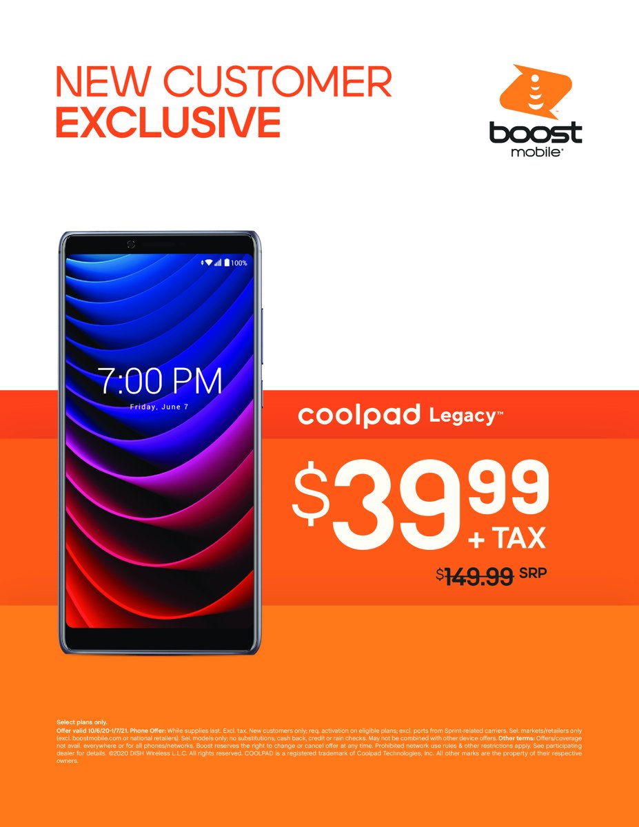 Drop in to #BoostMobile #today and get the Coolpad for only $39.99 (plus tax - regular price $149.99).  New lines, no port required!  <a href="/CoolpadAmericas/">CoolpadAmericas</a> <a href="/boostmobile/">Boost Mobile</a>