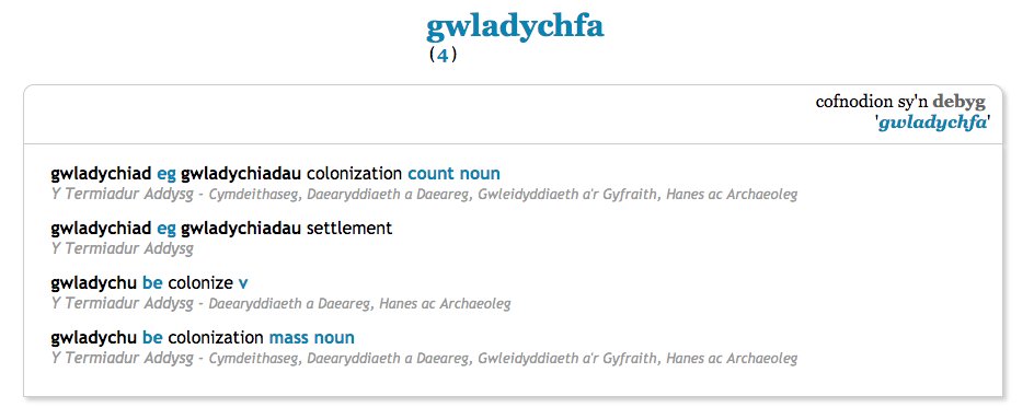 Here's the English translation of the term "gwladychfa" according to Geiriadur Bangor. Its 1st definition is colonisation as a noun, colonise as a verb+"settlement". Could this term reflect the innate nature of settler colonialism?  http://geiriadur.bangor.ac.uk/#gwladychfa&nbsp; 16/