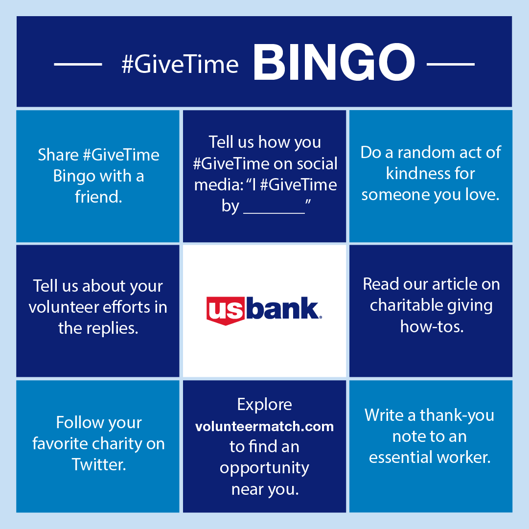 usbank's tweet image. This GivingTuesday, we’re challenging you to #GiveTime. Reply which squares you completed, or share your own! Read the article on charitable giving here: ow.ly/1UyT50CyE9s