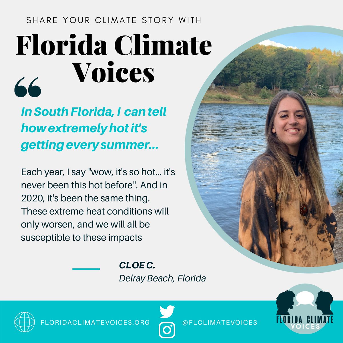 FLClimateVoices's tweet photo. #TestimonialTuesday: Extreme heat can impact your health, increase your susceptibility to wildfire, and increase your energy burden. Learn more by listening to Cloe's full testimonial on our website. Link in description. https://t.co/QHrTyuWLlQ