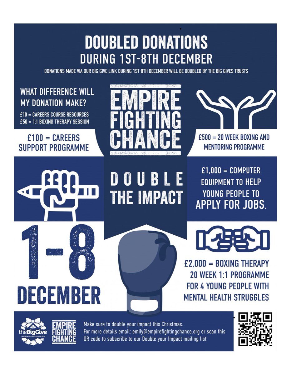 ⁣Get involved and donate now!!⁣
Between the 1-8th December The Big Give will be doubling any donations made. Lots to get involved with, starting with the Britain’s Brainiest Boss quiz on Thursday. Wish us luck! ⁣
⁣
donate.thebiggive.org.uk/campaign/a051r…⁣ 🥊