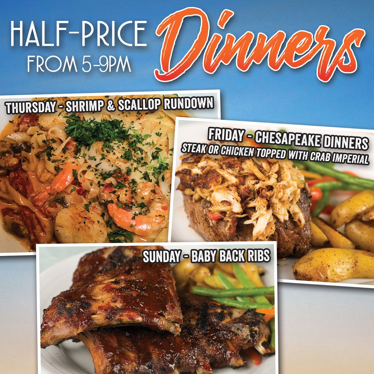 Half-price dinners Thursday, Friday &amp; Sunday! Check out all our specials at seacrets.com/specials