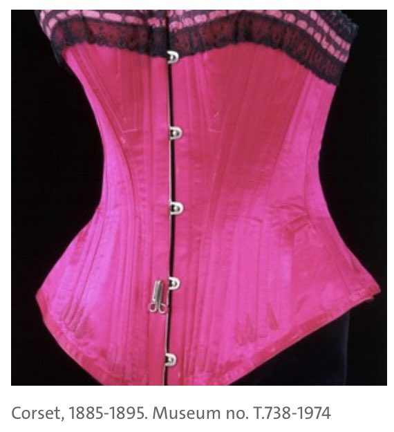 starting with the foundation layers—she's wearing a corset!contrary to popular belief, corsets were to the victorians what bras are to us. likes bras, they were designed to support the bust. but they had the added function of shaping the body. (photos: victoria & albert museum)