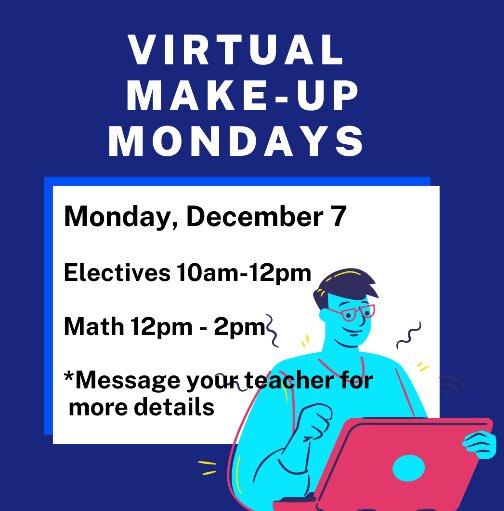Need a space to get caught up?
Need to meet with your teacher for office hours?
Need help and not sure where to start?
Message your elective or Math teachers (or this account) for more details about how to sign up for our December 7 session. #StallionFamily #StallionSupport 
💚💙