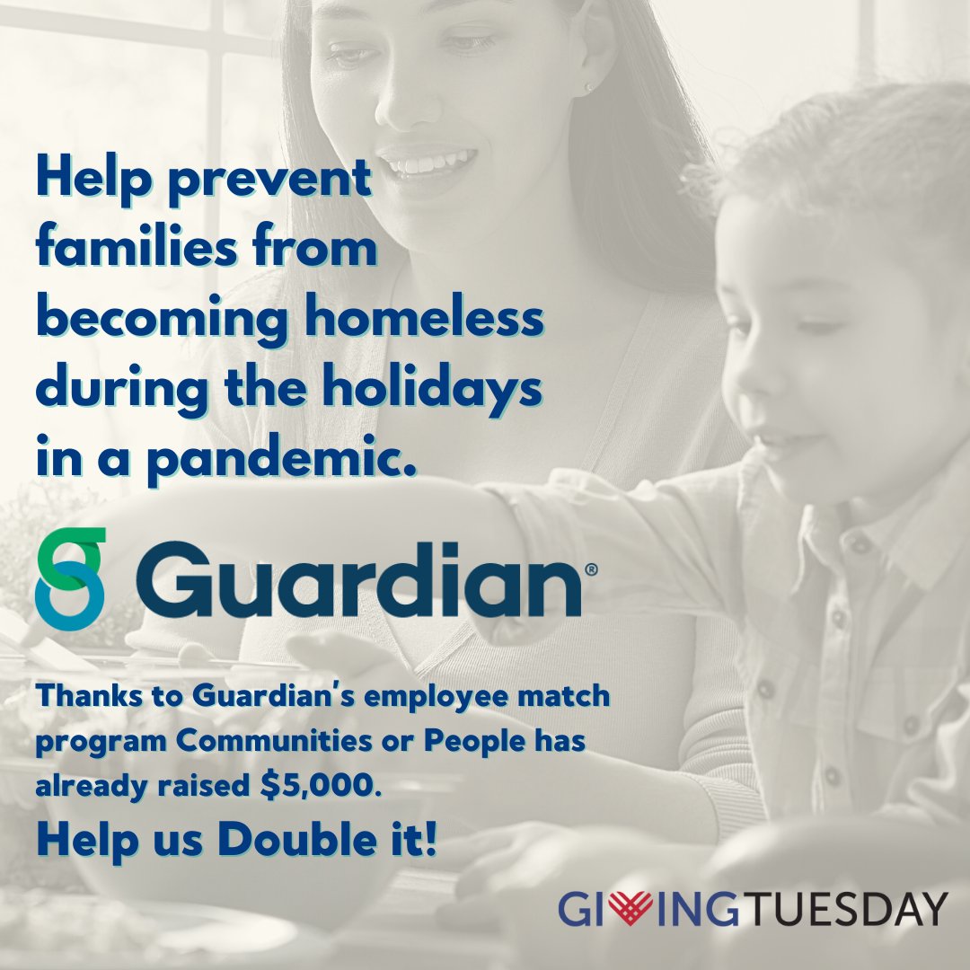 Imagine how the pandemic affected a family who was already facing homelessness. <a href="/GivingTuesday/">GivingTuesday</a> donations will provide emergency shelter, housing support &amp; basic needs items. Donate today ow.ly/Xpbi50Cz99T <a href="/guardianlife/">Guardian Life</a> #guardianemployee #guardianforgood #givingtuesday2020