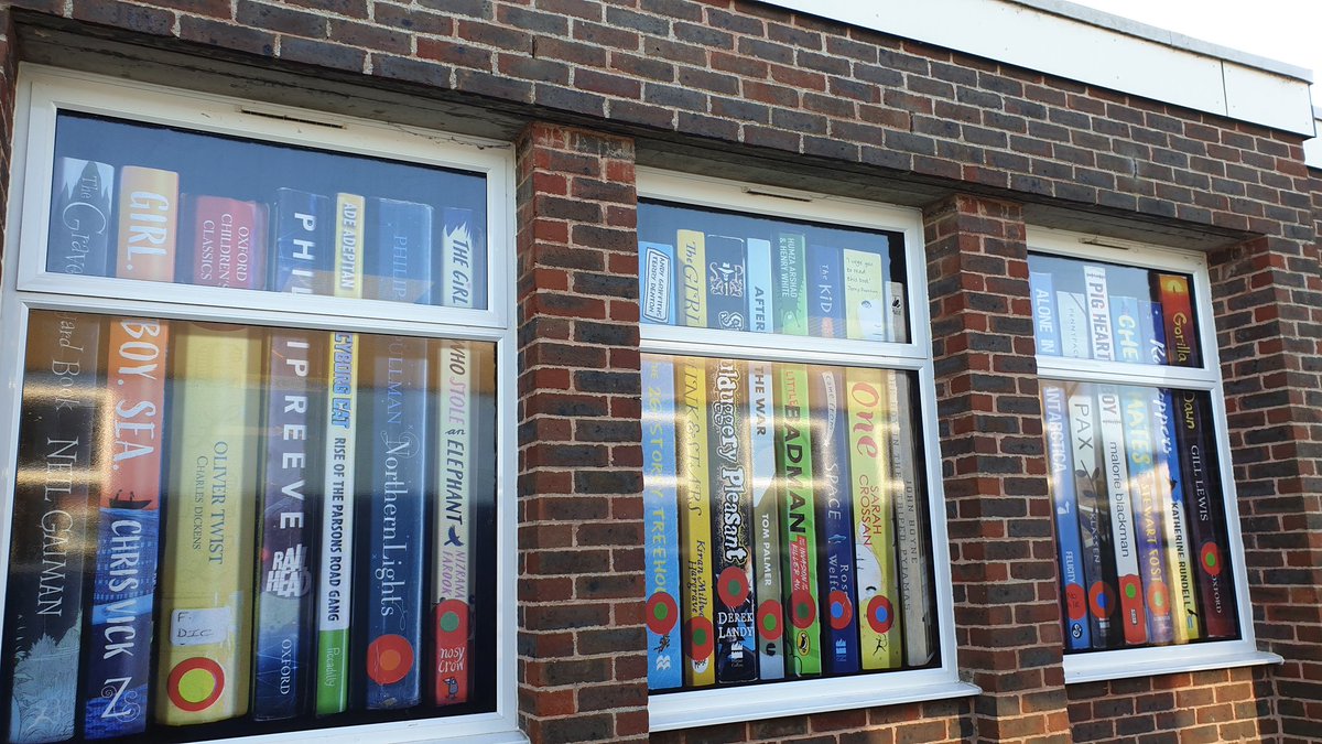 AVisserFuray's tweet photo. Our brand new library window decals are amazing! These are some of our students' favourite books and yet more evidence of our reading culture. Seeing the students' excited reactions to the windows has been lovely (and I cried happy tears when I saw it this morning) @KAs_Wantage https://t.co/wYqRyJJnOn