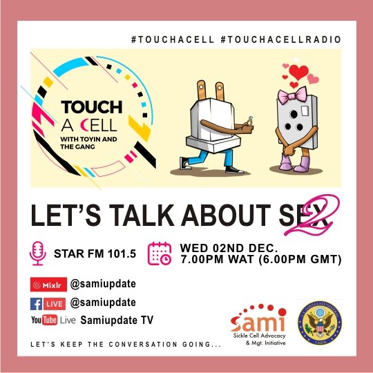 SAMIupdate's tweet photo. Do persons living with #SickleCell get sick or even die due to stress of sexual activities?π
What are the stories you've heard?
Tweet at us!
We discuss tmoro 7 pm(6pm GMT) on #TouchACell viaπ»@starfm101_5 Lagos
Listen anywhere via https://t.co/aYsdWCjrV2
Or
FB live @SAMIupdate https://t.co/2RpXkaUBfl