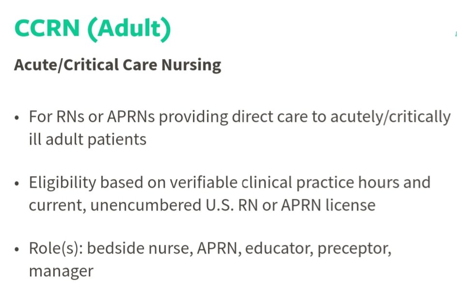 6) Nursing has a whole third party infrastructure in place that credentials nurses in all sorts of specialties. This is from *one* of the credentialing bodies, the American Association of Critical Care Nurses (AACN).  https://www.aacn.org/about-aacn&nbsp;