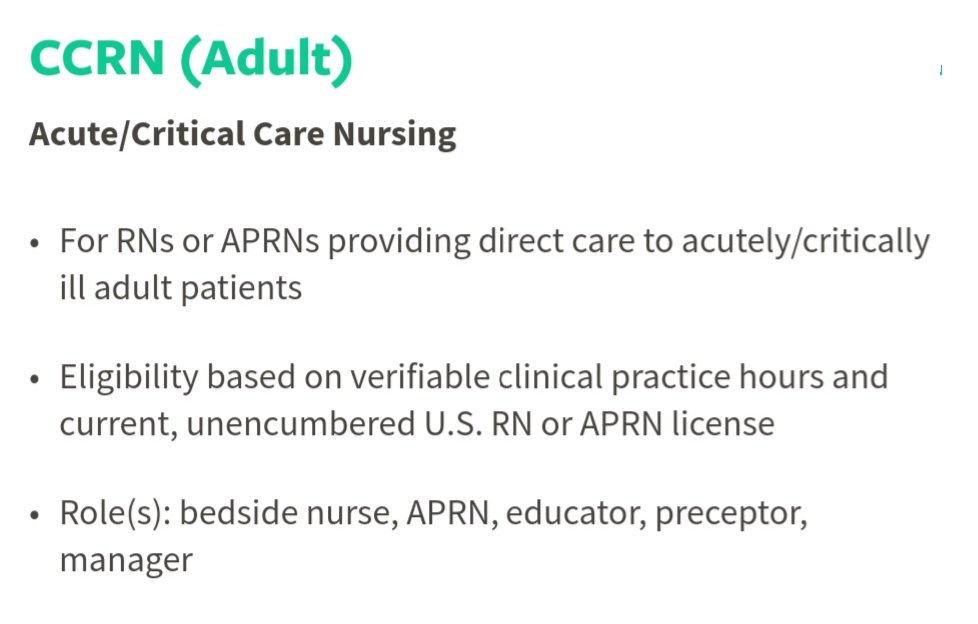6) Nursing has a whole third party infrastructure in place that credentials nurses in all sorts of specialties. This is from *one* of the credentialing bodies, the American Association of Critical Care Nurses (AACN).  https://www.aacn.org/about-aacn 
