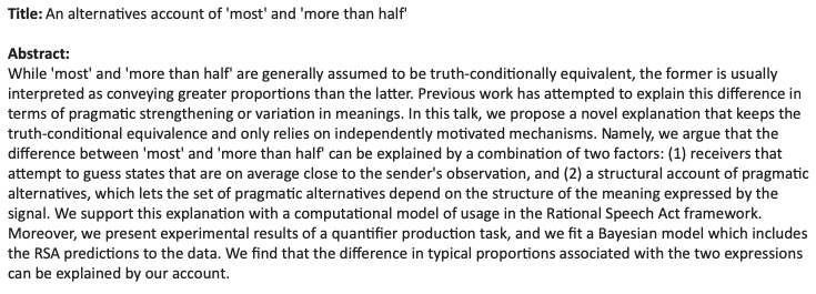 mariekewoe's tweet photo. The Computational Cognitive Science group @CCS_donders is pleased to welcome @CarcassiFausto for a guest talk on "An alternatives account of 'most' and 'more than half'", feat. a combo of an experiment & comp. modelling. Mon. 14th of Dec., 3:30-5 pm CET. DM me for the Zoom link! https://t.co/VHO1VK9RWY