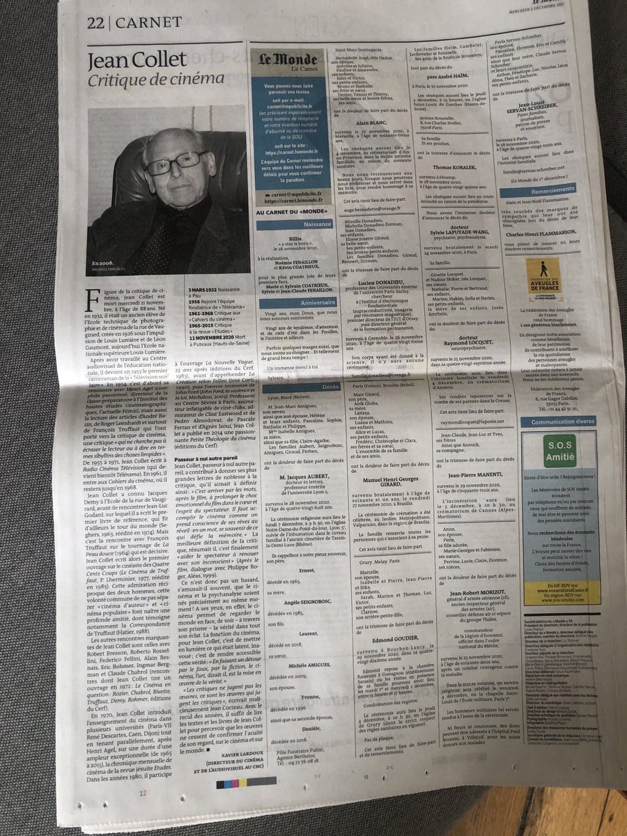 Mon hommage à Jean Collet, à qui je dois tant, publié dans Le Monde de ce jour
