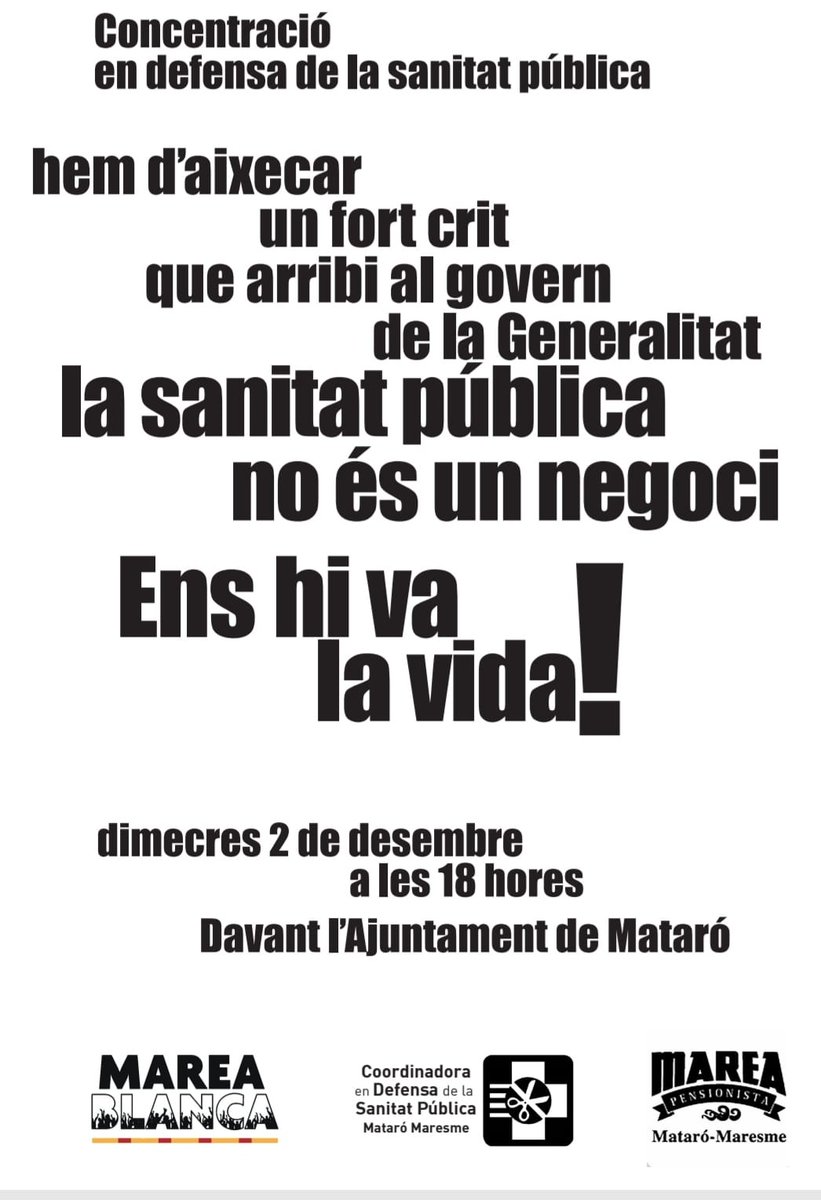 📣 DEMÀ A LLUITAR PER DEFENSAR LA SANITAT PÚBLICA TOTS A LA CONCENTRACIÓ DAVANT L'AJUNTAMENT.🏥
#cerdanyolamataro 
#MATARÓ 
#SANITATPUBLICA