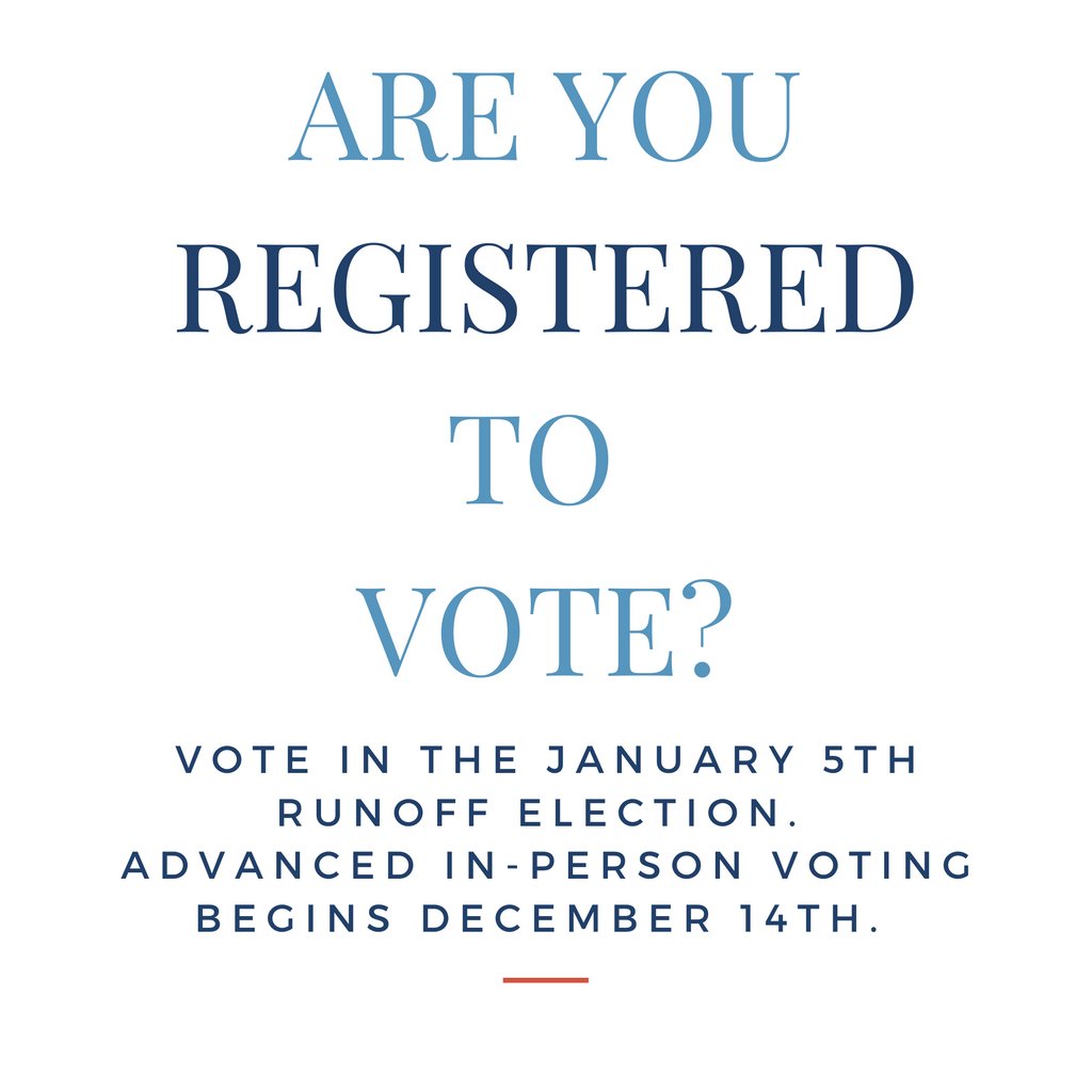 During the Jan. 5 runoff, voters will decide Georgia's U.S. senators and public service commissioner. Those who are not registered to vote can register now through Monday, Dec. 7. To register to vote, or check your registration status, visit mvp.sos.ga.gov.