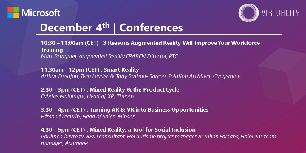 Web3Virtuality's tweet image. [Agenda] Rendez-vous at the @microsoftfrance booth today for the following conferences! 📢

Including @PTC @Capgemini #TheorisSAS @minsarstudio @ActimageDigital 

#Virtuality2020 #VirtualityExperience