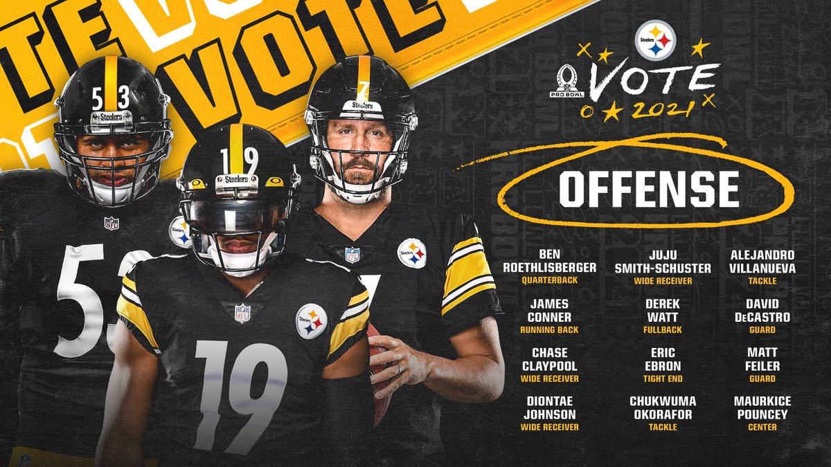 #ProBowl social voting is live 🔥

Every RT = 1️⃣ vote for the squad 🔁

@_BigBen7
@ChaseClaypool
@Juiceup__3
@TeamJuJu
@JamesConner_
@DerekWatt34
@MaurkicePouncey
#DavidDeCastro
#MattFeiler
@Chuks__76
#AlejandroVillanueva
@Ebron85 

#ProBowlVote | #HereWeGo