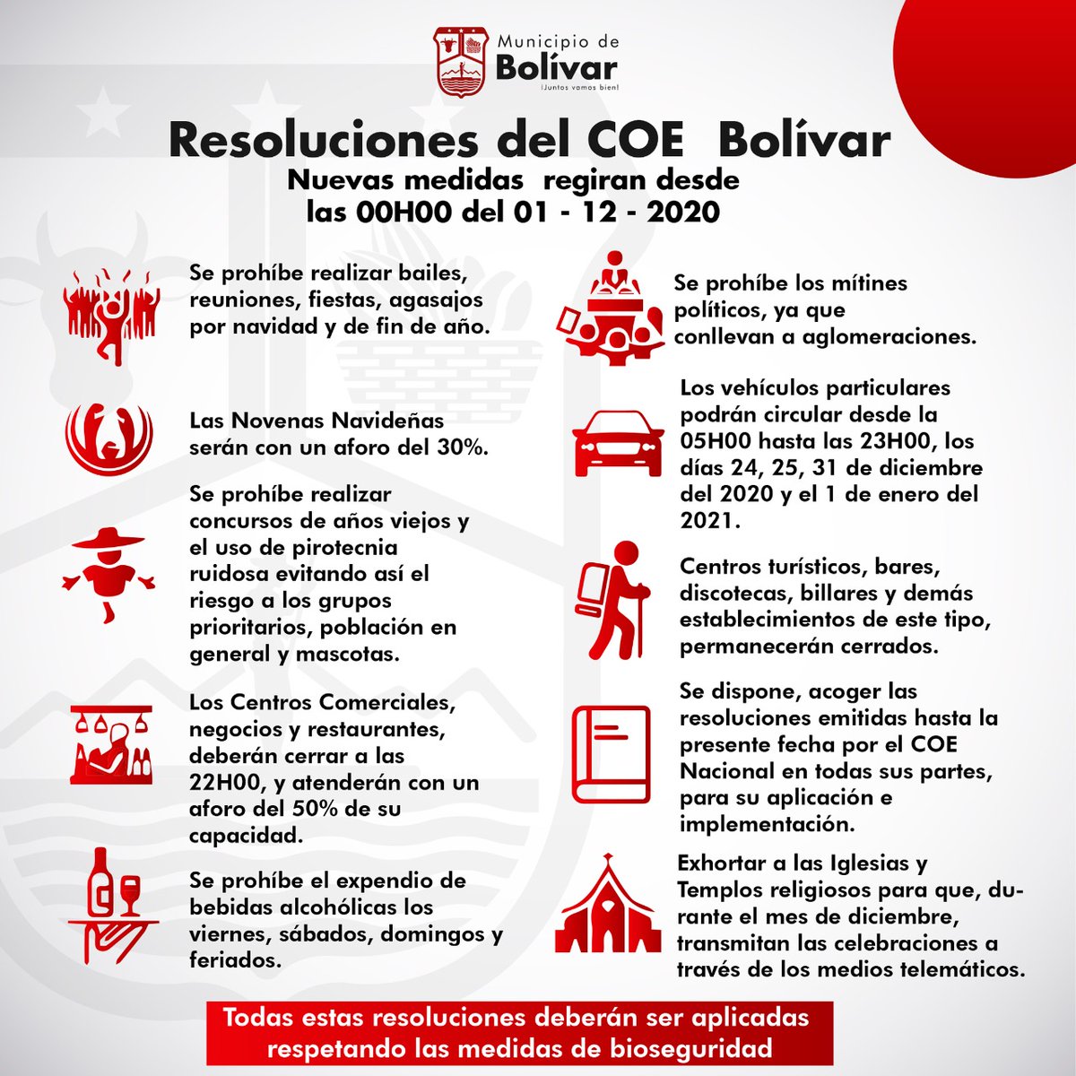🔴#ATENCIÓN
Con el fin de prevenir el riesgo de contagios por COVID-19, el COE Cantonal de Bolívar decidió acoger a las recomendaciones realizada por el COE Nacional.
Te damos a conocer las medidas: 👇

#CuídateYProtegeATuFamilia