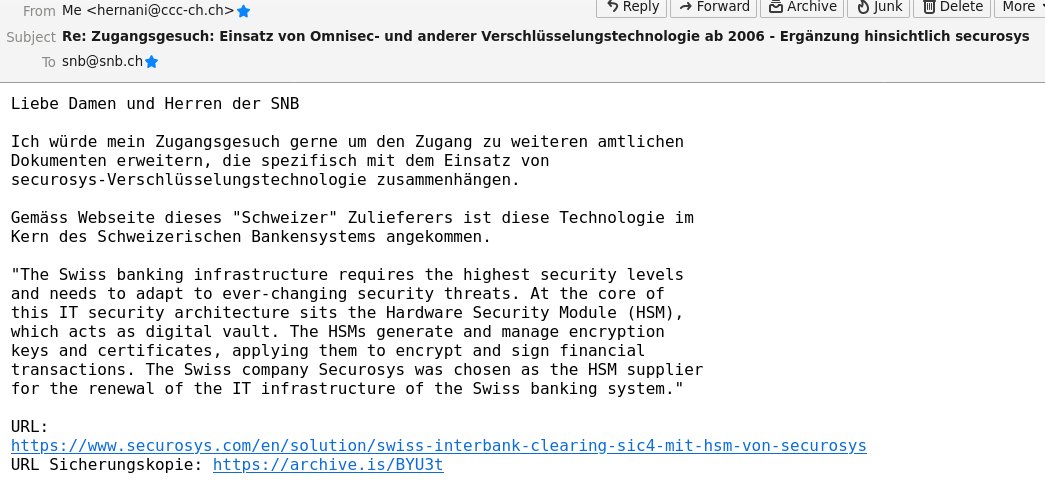 vecirex's tweet photo. Ich habe mein Zugangsgesuch an die SNB empfindlich erweitert: die personell mit der ehemaligen #Omnisec verbandelte Firma @securosys ist im Kern des Schweizer Bankensystems angekommen.
Da gehört Scheinwerferlicht drauf! 🔦++
#CryptoAG+ #CryptoPUK+ #GPDel #FOIA #FOIATerror https://t.co/v6PY97qVHJ