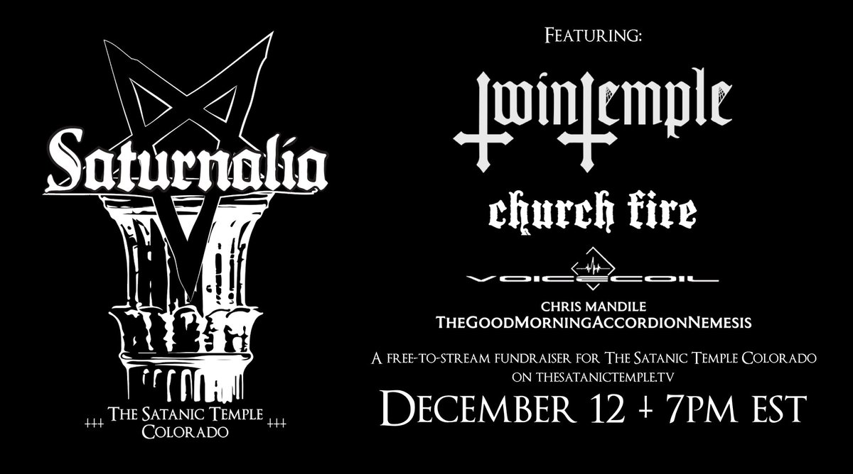 SatanicTv's tweet photo. The Satanic Temple Colorado is proud to present our first virtual Saturnalia! Join TSTCO for a night of revelry, musical acts, rituals, comedy, guest appearances, and a few other surprises.
More details, including a line-up of amazing acts and performers, will appear here soon! https://t.co/GRq4oBOOS2