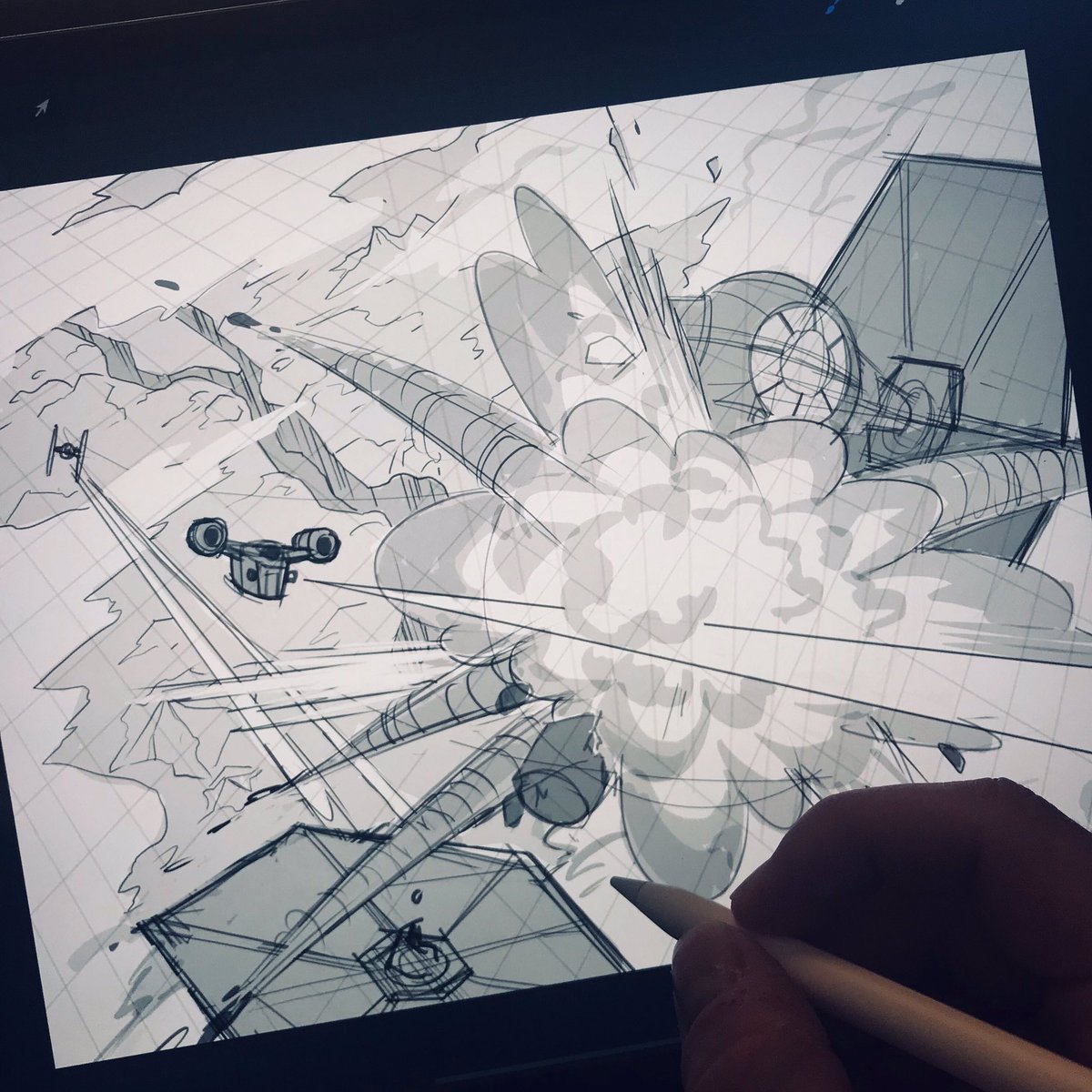 Roughing this one out in Pro Create 😁 Loved this scene from The Mandalorian episode 4 in season 2, and I’m aiming to capture the same level of detail in this piece. Stay tuned for more! #themandalorian #dogfight #razorcrest #tiefighters #thisistheway #ipadpro #procreate #sketch https://t.co/BfGUc4s6Mg