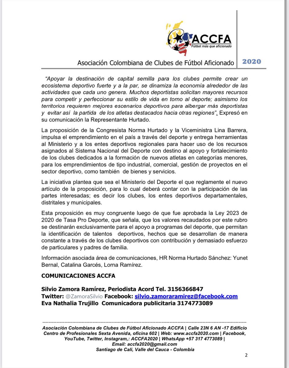 ACCFA2020's tweet photo. Apoyo en capital semilla a clubes de formación proponen congresista Norma Hurtado y viceministra del deporte Lina Barrera.
Boletín 035. https://t.co/79EuPp0I6u