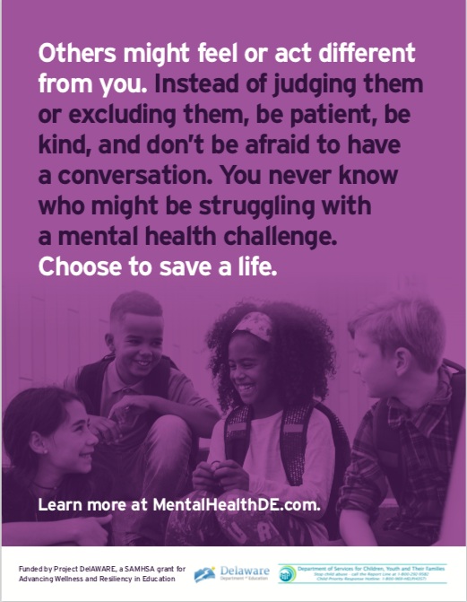 DelawarePBS's tweet photo. Anyone could be struggling with a #mentalhealth challenge, but by being patient and kind, we can create an environment where we all feel safe and included. https://t.co/Tz6OjenwvA
#SaveALife #ProjectDelAWARE @DEDeptofEd https://t.co/zrStMEsUVa