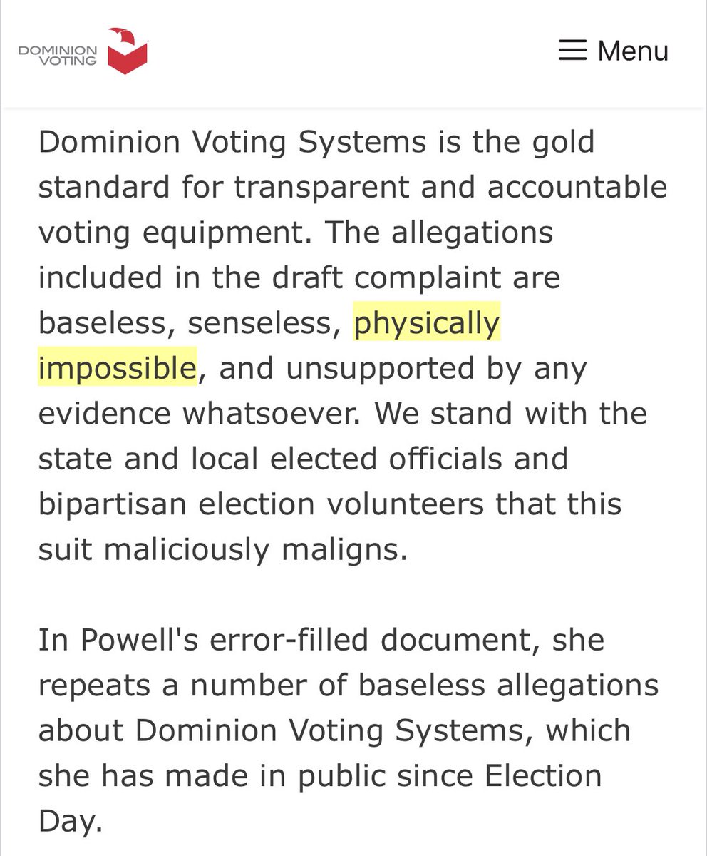 Dominion Voting Systems put out a blog explaining the many ways the Trump conspiracy theories don’t make any sense. https://www.dominionvoting.com/dominion-statement-on-sidney-powell-charges/