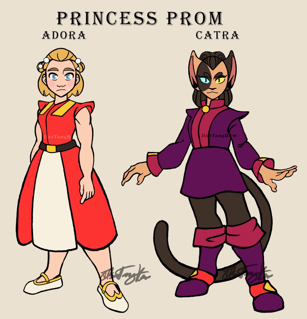 LongTaleAnimate's tweet photo. #SheraandthePrincessesofPower Catra, a Calico cat or just Spotted Cat in general, outfit is Suede Armor as well as a mix of Original and Rebooted Catra design.

#princessprom2020 
Adora/Catra in thier Medieval dance/party wear/makeup. https://t.co/Lvl69AzzQH