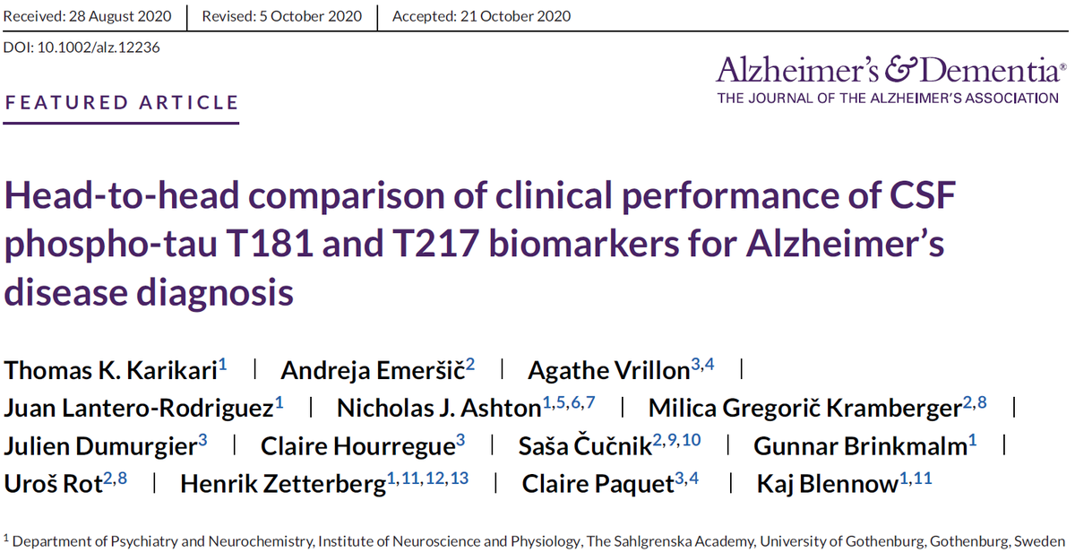 New publication alert Just published in  @alzdemjournals Head‐to‐head comparison of clinical performance of CSF phospho‐tau T181 and T217 biomarkers for Alzheimer's disease diagnosis  https://doi.org/10.1002/alz.12236A thread (1/n)