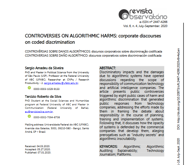 tarciziosilva's tweet photo. Just published the paper "Controversies on Algorithmic Harms: corporate discourses on coded discrimination" with @samadeu at the bilingual journal Revista Observatório.
https://t.co/4hxvQ5Iwi7
#algorithmicharms #codeddiscrimination #algorithms https://t.co/vKlLy6p9Oi