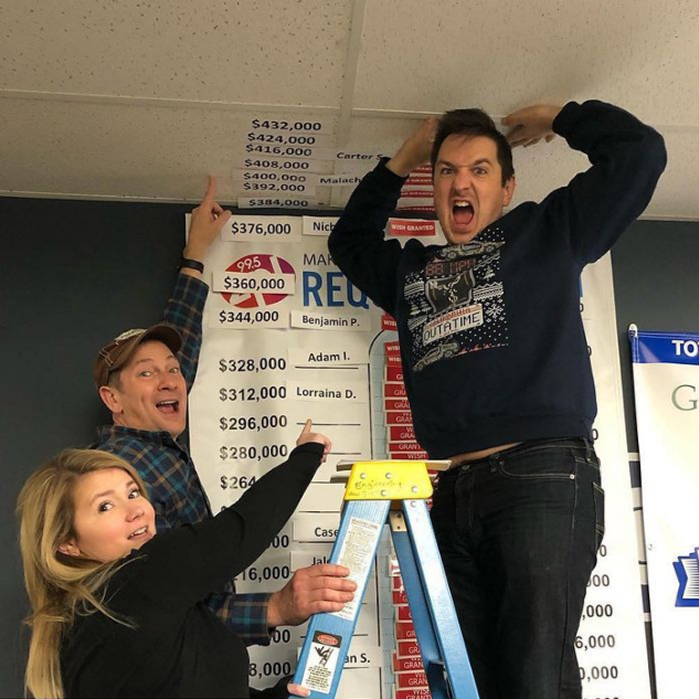995zpl's tweet photo. That feeling when you grant so many wishes, you have to use the ceiling to record it! Only 2 more days until this year's Request-A-Thon!! Big thanks to @makeawishohkyin, our tote board sponsor @INGentleDentist and our phone bank sponsor Window Nation for working with us on this! https://t.co/2wdwK3zdlG