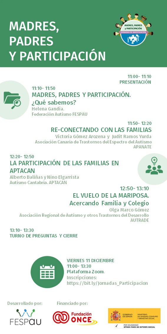 Participa en nuestras Jornadas de Investigación "Madres, padres y participación".
🔹Con la colaboración de profesionales de <a href="/APANATE/">APANATE</a>, <a href="/aptacan/">Asociación Aptacan</a> y <a href="/AutradeOrg/">autrade</a>.
🔹11 de diciembre de 11 a 13:30.
🔹Inscripción 👉 bit.ly/Jornadas_Parti…
#autismo #Familias #TEA
¿Contamos contigo?