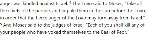 They were impaled before Yahweh. This phrase is not unique to this part. Moses also was instructed to do this to every chief among the people to appease Yahweh when he was displeased. Running theme, and just horribly savage and barbaric. Thank goodness I live in the secular times