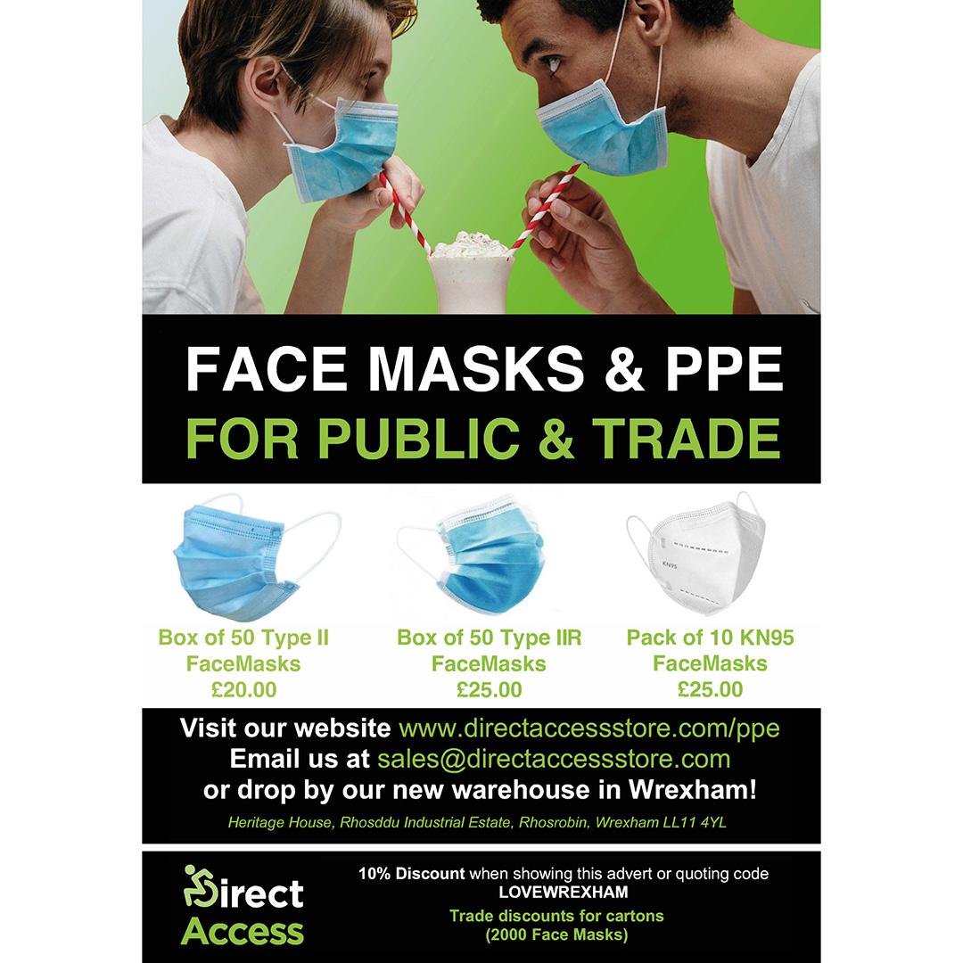 love_wrexham's tweet image. Face masks and PPE for the public and trade.
10% discount when quoting 'Love Wrexham'!
Trade discounts for cartons of 2,000 face masks.
Visit directaccessstore.com, send an email to sales@directaccess.com or visit their new warehouse on Rhossdu Industrial Estate.