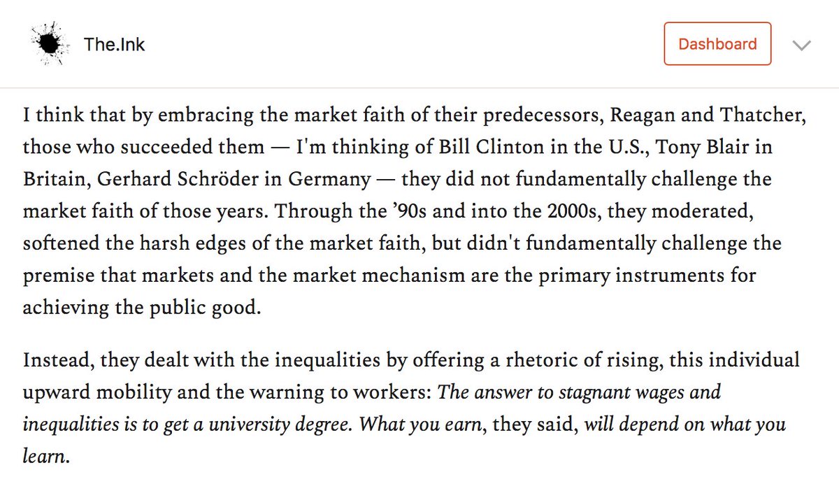 Coming to power in the wake of the great neoliberal hijacking, center-left parties had a choice: fight to end the hijacking, or to make the hijacking more bearable, with pretzel packs.Sandel argues that they tended to choose the latter course. https://the.ink/p/dignity&nbsp;
