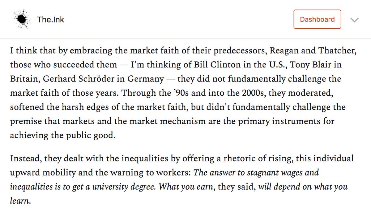 Coming to power in the wake of the great neoliberal hijacking, center-left parties had a choice: fight to end the hijacking, or to make the hijacking more bearable, with pretzel packs.Sandel argues that they tended to choose the latter course. https://the.ink/p/dignity 