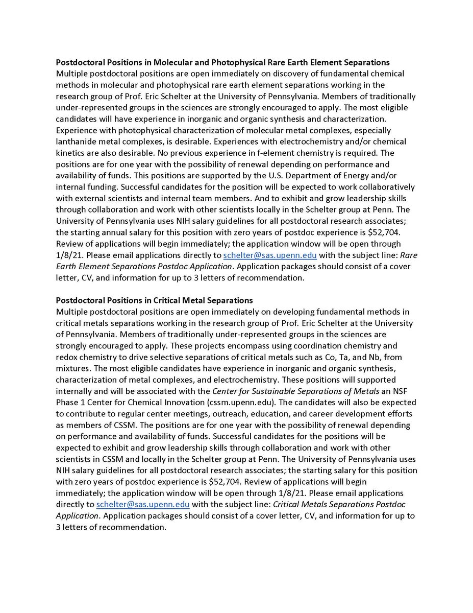 Please RT! Multiple postdoc positions are open immediately  in our group on rare earths- and other critical metals separations! No f-element- or separations chemistry experience necessary. Come join us in Philadelphia, where great things are happening! <a href="/Chemjobber/">Chemjobber</a>