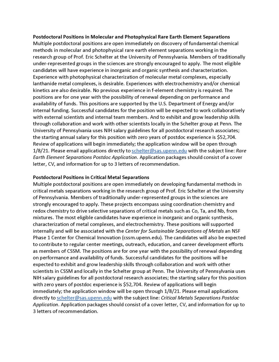 Please RT! Multiple postdoc positions are open immediately in our group on rare earths- and other critical metals separations! No f-element- or separations chemistry experience necessary. Come join us in Philadelphia, where great things are happening! @Chemjobber