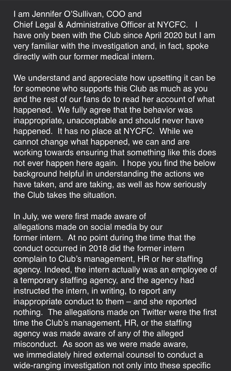 While  @nycfc remains absolutely silent on the credible & detailed sexual harassment allegations made against them, they are quietly releasing this statement—which contradicts or ignores large elements of the victim’s account—to fans who complain.