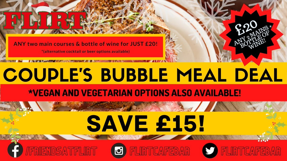 You can grab two delicious mains AND a bottle of your chosen vino for just £20! What a bargain!
We can't wait to welcome you back into Flirt.
🎁 Friday 4th Dec 10am - 6pm
🎁 Saturday 5th Dec 10am - 6pm
🎁 Sunday 6th Dec 10am - 5pm

#Christmas #bournemouth #bmth