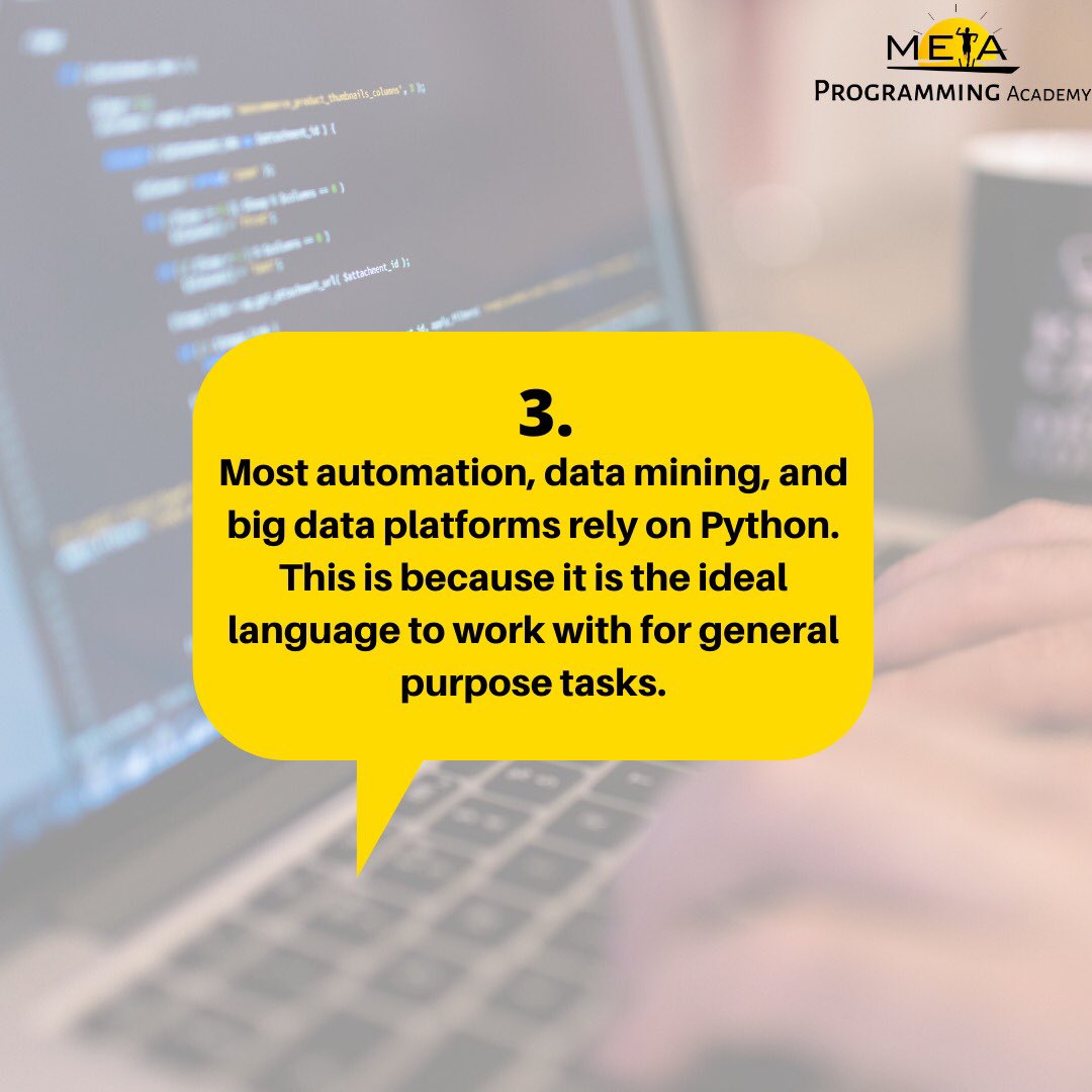 MetaProgAcademy's tweet image. 3 reasons why you need to learn Python.
Swipe to see 3 reasons why you need to learn Python.
Remember, you can register for our python classes, click the link in our bio.
#MetaprogrammingAcademy
#Alternativeeducation
#PythonLessons
#PythonProgramming