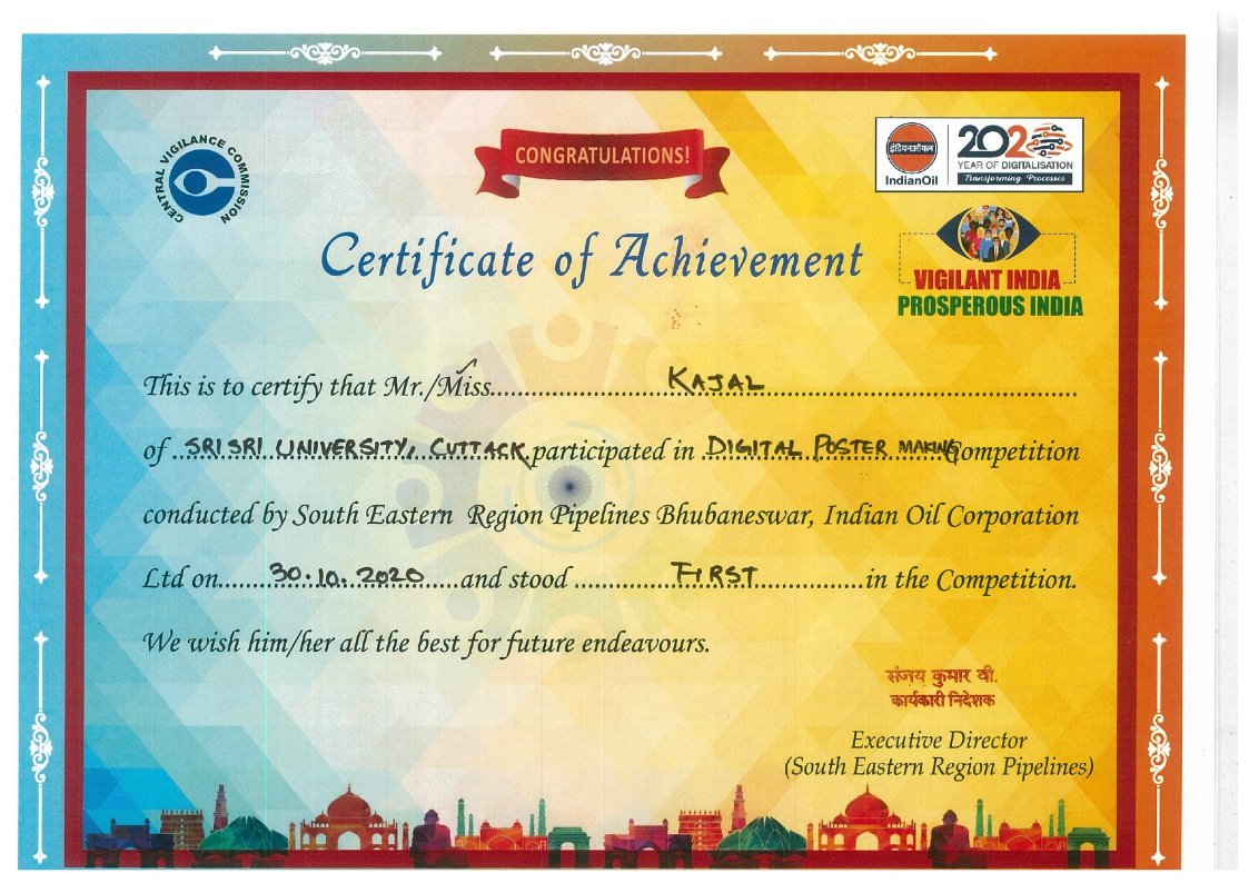 Secured First Position in Digital Poster making Competition organized on the eve of Vigilance Awareness Week by <a href="/IndianOilcl/">Indian Oil Corp Ltd</a>.
Thank you <a href="/SriSriU/">Sri Sri University</a>  for this golden opportunity. <a href="/RajitaBagga/">Rajita Bagga</a> <a href="/SrinivaSubbarao/">Prof. Srinivas Subbarao, PhD, D. Litt.</a> <a href="/KKDash2020/">Kamala Kanta Dash (कृष्णकृपा दास ‘अज्ञानी’)</a> #VigilantIndia #ProsperousIndia